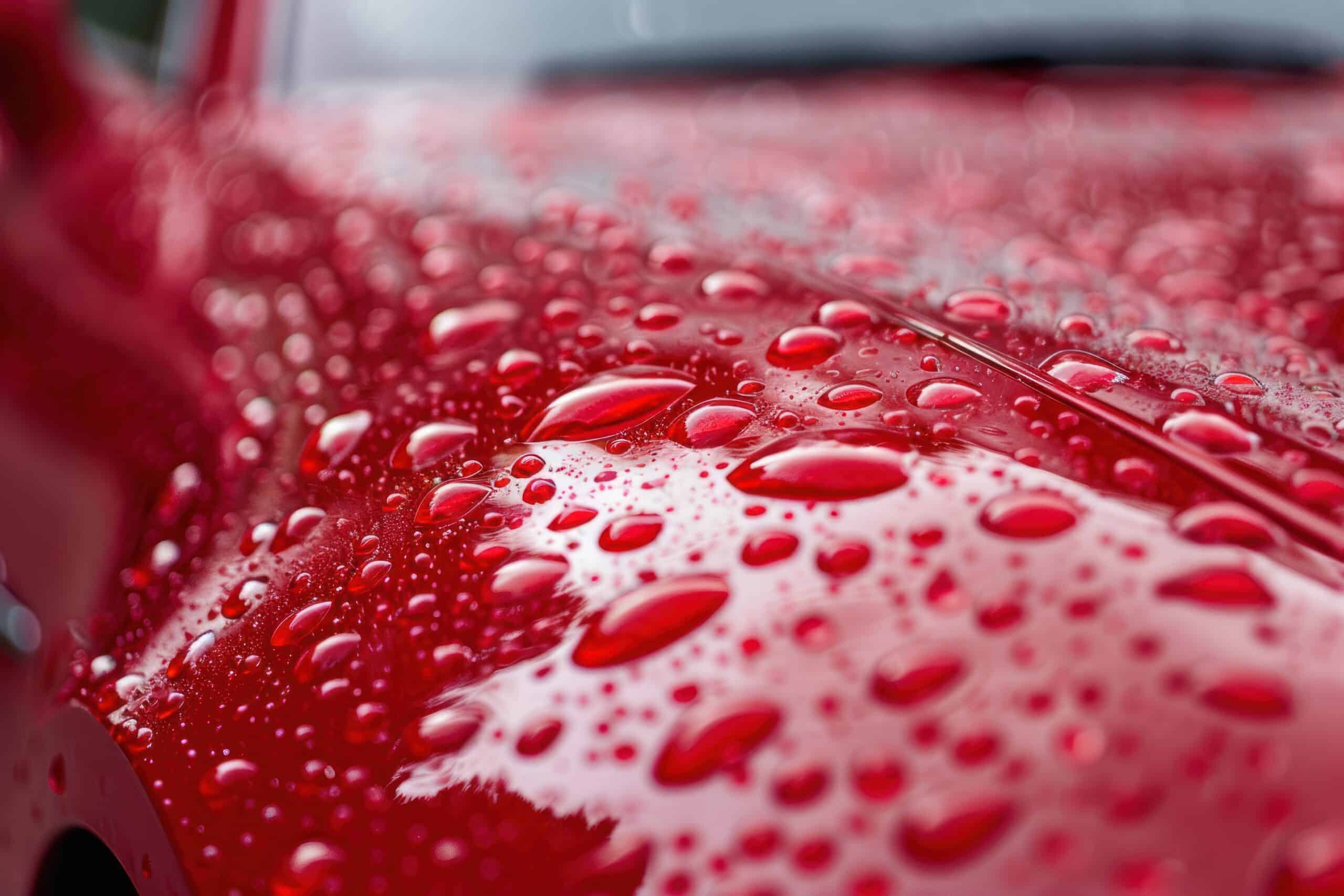 rain closeup red coating drops hydrophobic car water dripped paint coated ceramic glasses detailing hood drops